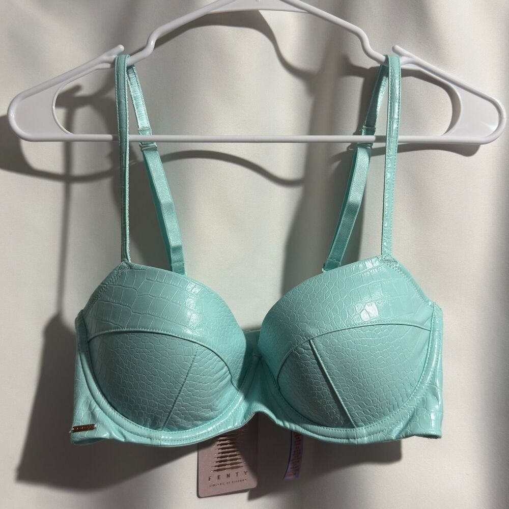 Savage X Fenty Queen of the Galaxy Teal Faux Crocodile Low Balconette Bra 36D